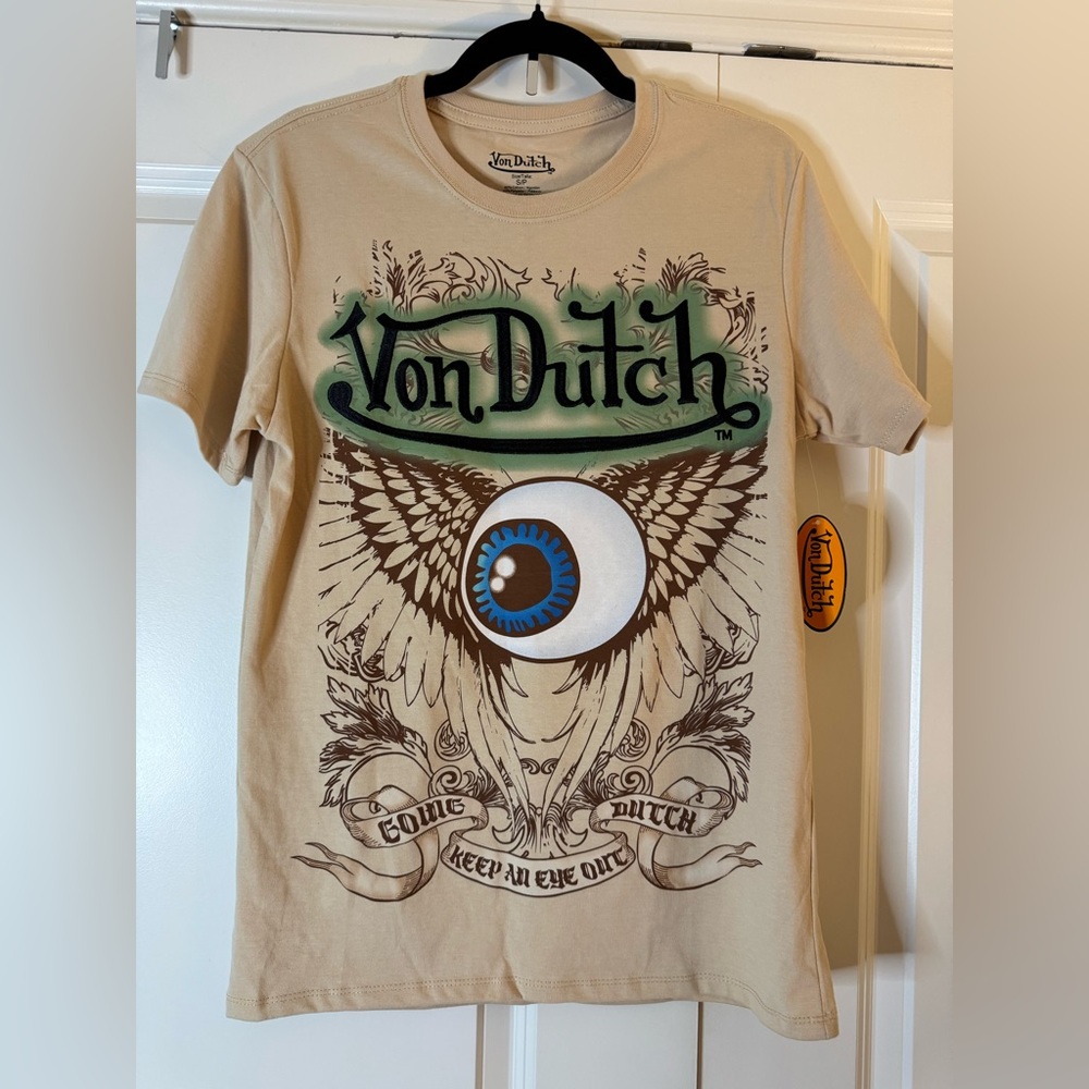 Von Dutch Embroidered Flying Angel Eye Y2K Design Tan T- Shirt‎ S NEW SHIPS FAST